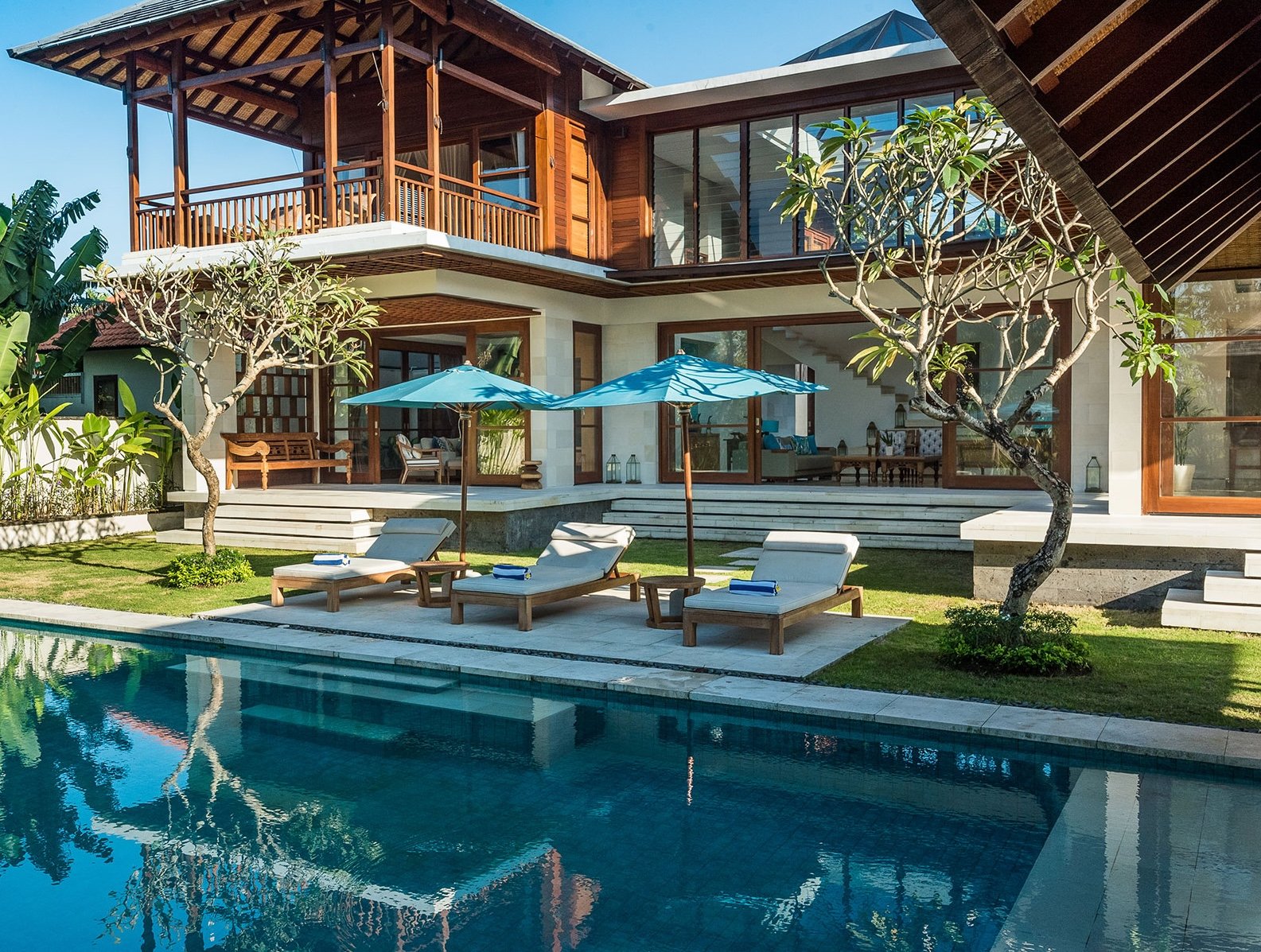 Pool, loungers and plumeria framed by the villa