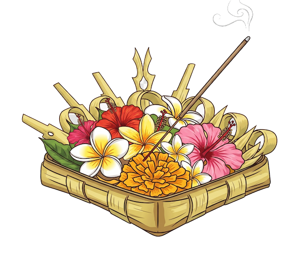 Canang sari — a palm-woven offering basket of flowers, rice and burning incense